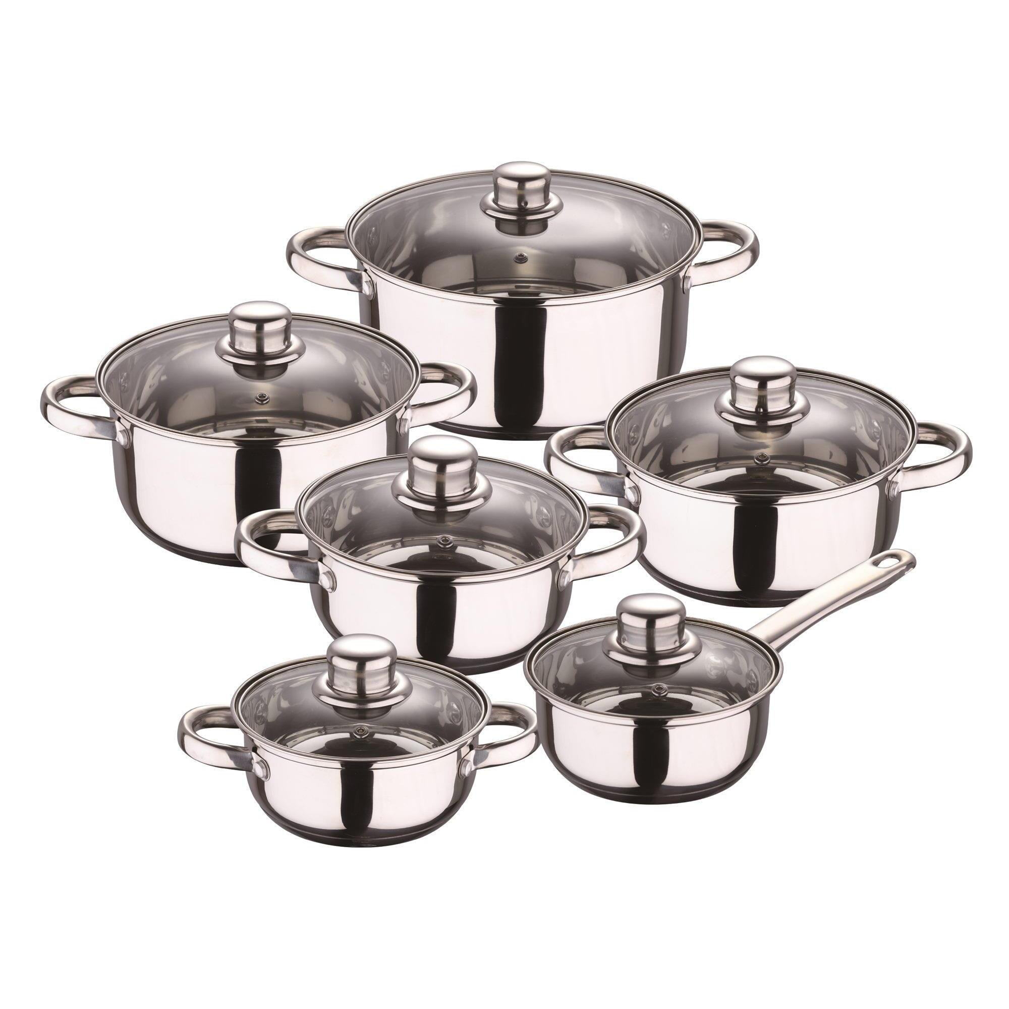 set de batería de cocina de 12pc en acero inoxidable + 3 sartenes ø16ø20ø24cm cobre metalizado en aluminio prensado