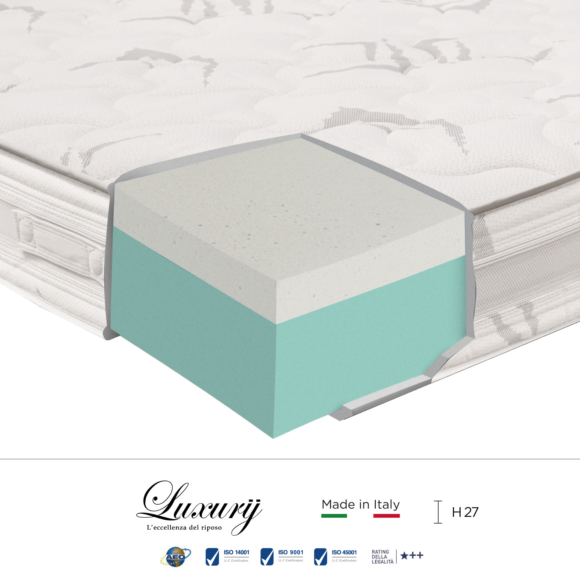 "Cortina" H27 cm 140x200 2 guanciali Memory OMAGGIO sfoderabile a molle insacchettate indipendenti, schiuma poliuretanica e Memory Foam