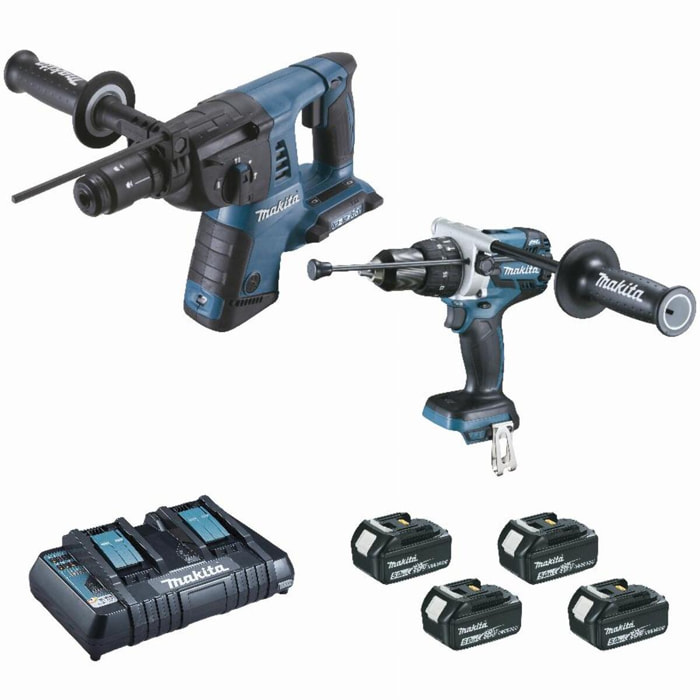 Ensemble de 2 machines 18 V Li-Ion 5 Ah MAKITA Perfo DHR264 + Perceuse DHP481 - 2 batteries, chargeur, coffret - DLX2101PTJ