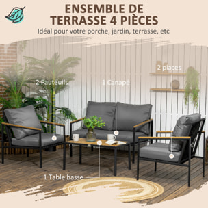 Ensemble salon de jardin design style colonial 4 places 4 pièces accoudoirs plateau aspect bois acier noir polyester gris