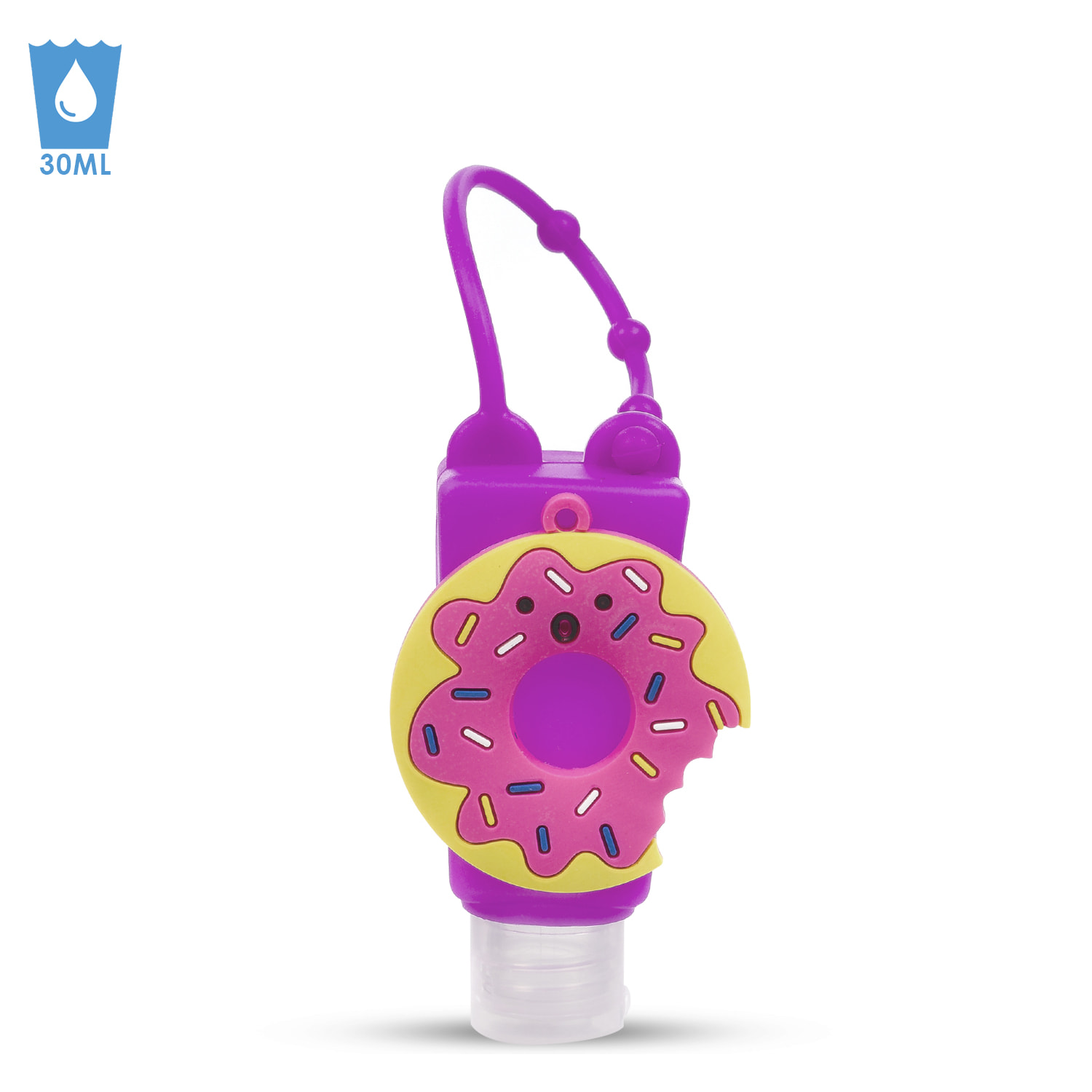 Portachiavi Bottiglia disinfettante per le mani alcol ricaricabile 30ml. Design donut.