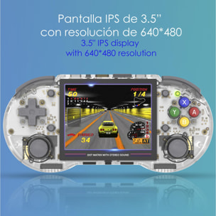 Console emulatore multipiattaforma RG353PS. Schermo IPS da 3,5''; sistema operativo Linux, quad-core da 1,8 GHz, WiFi, 128 GB. +23000 giochi.