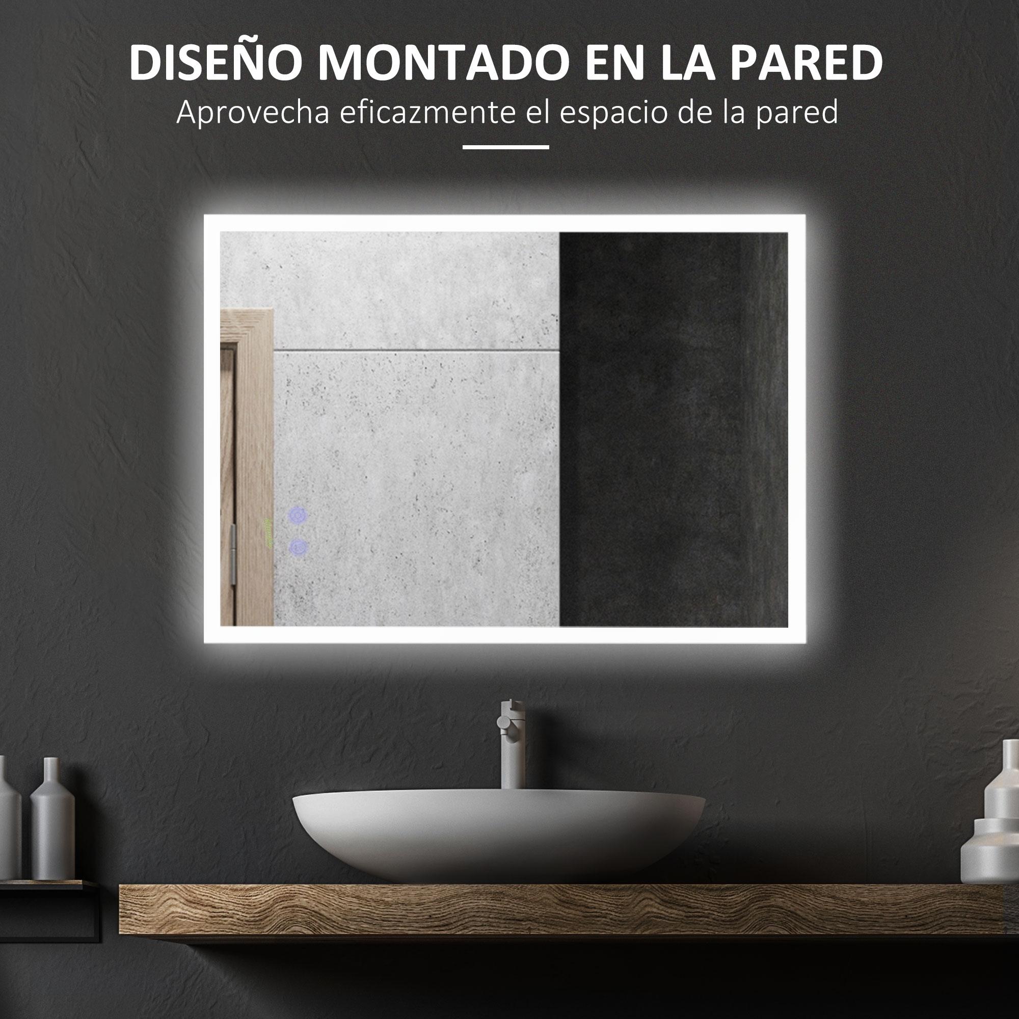 Espejo de Baño con Luz LED Espejo de Pared con Iluminación 70x50 cm Interruptor Táctil 3 Luces Ajustable Función Antivaho y Marco de Aluminio Espejo Colgante en 2 Formas Plata