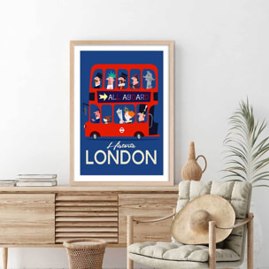 Poster retro bus london Affiche + cadre en bois - Chêne