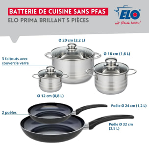 Ensemble de 2 Poêles de cuisson 24 et 32 cm et 3 faitouts 12, 16 et 20 cm Elo Prima Brillant