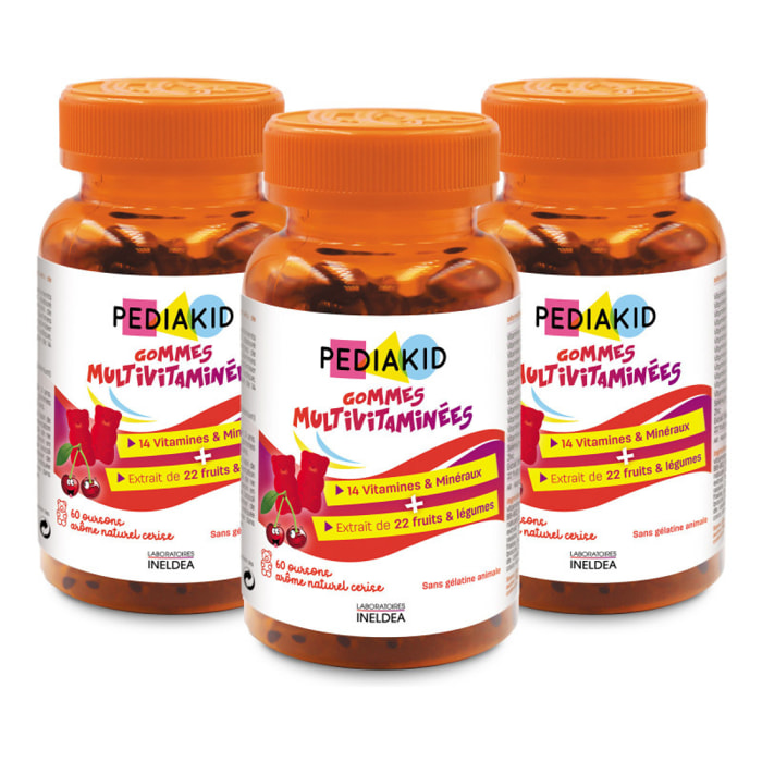 PEDIAKID - Gommes Multivitaminées - Formule Naturelle au Délicieux Arôme de Cerise - Contribue à la Réduction de la Fatigue - Soutient les Défenses Naturelles de l'Organisme - Lot de 3 piluliers