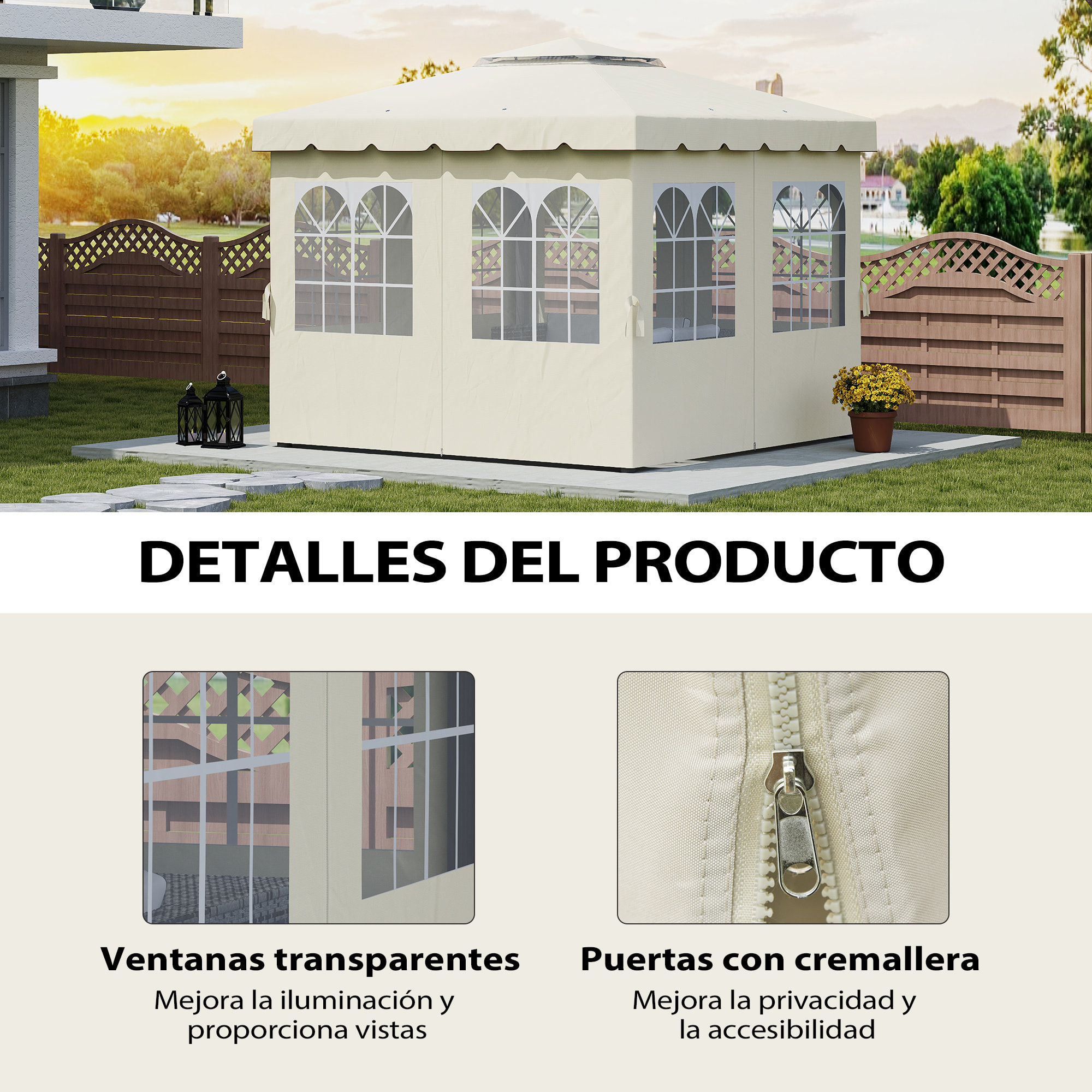 4 Paredes Laterales para Cenador 3x3 m Laterales de Carpa con Ganchos 8 Ventanas Protección UV Reemplazo Lateral para Carpa de Jardín Exterior Fiesta Crema