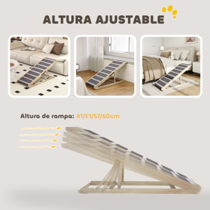 Rampa para Perros Plegable y Altura Ajustable 41-60 cm, Rampa para Mascotas de Madera con Alfombrilla Antideslizante y Asa, para Perros Pequeños Medianos y Grandes, para Cama Sofá, 120x50x60 cm