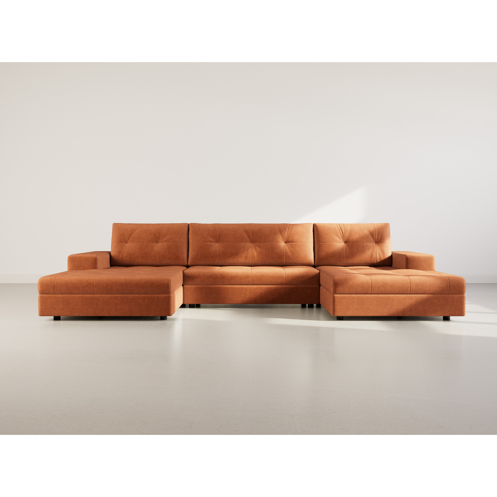 Bastian - canapé panoramique en U 7 places convertible avec coffre en velours texturé - Terracotta