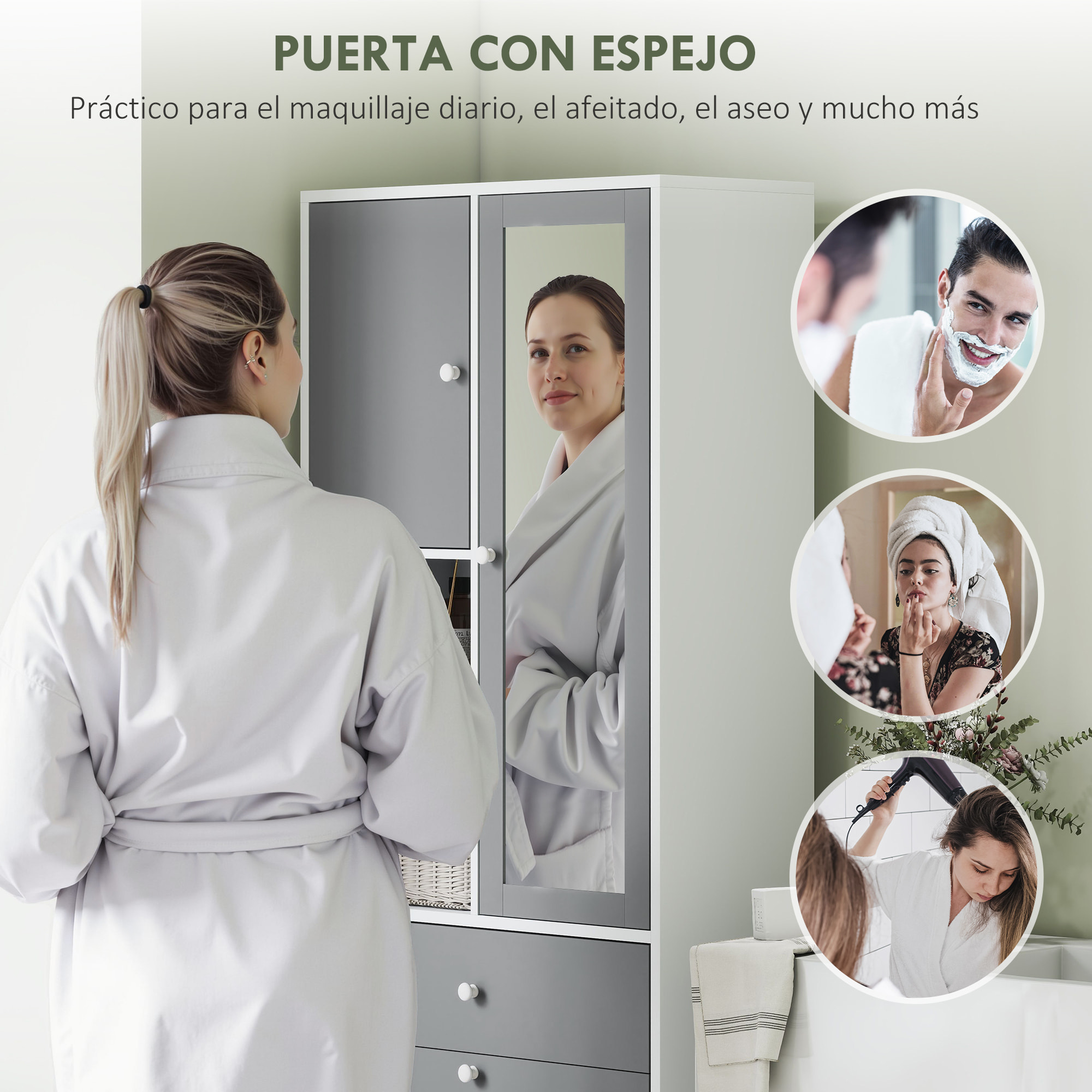 Armario de Baño con Cesto Ropa Sucia Armario Alto de Baño Estrecha con Espejo Cajón Compartimentos Abiertos y Estantes Ajustables 62x28,3x181 cm Blanco y Gris