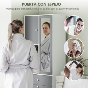 Armario de Baño con Cesto Ropa Sucia Armario Alto de Baño Estrecha con Espejo Cajón Compartimentos Abiertos y Estantes Ajustables 62x28,3x181 cm Blanco y Gris