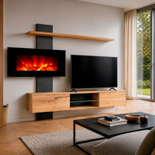 Parete Attrezzata Soggiorno Mobile Tv Biocamino Led Mensola Design Living Arredo Casa Contenitore Vetro Push Click 250x170x40 Cm Rovere E Antracite