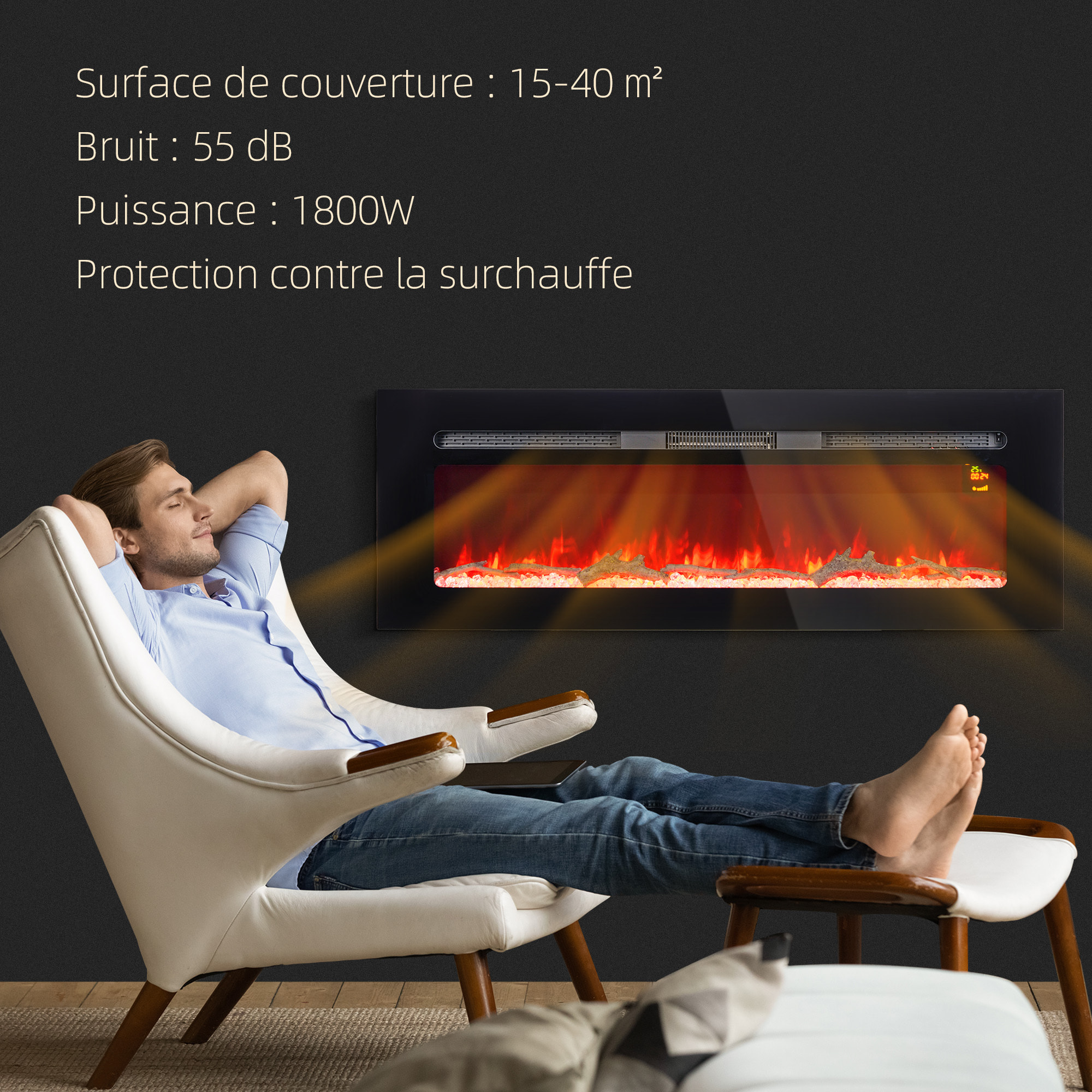 Cheminée électrique 1800W effets flammes LED 3D réglables - timer, thermostat, télécommande - noir