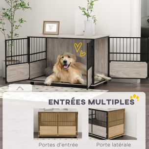 Cage pour chien animaux style industriel - porte coulissante verrouillable - acier noir panneaux aspect bois