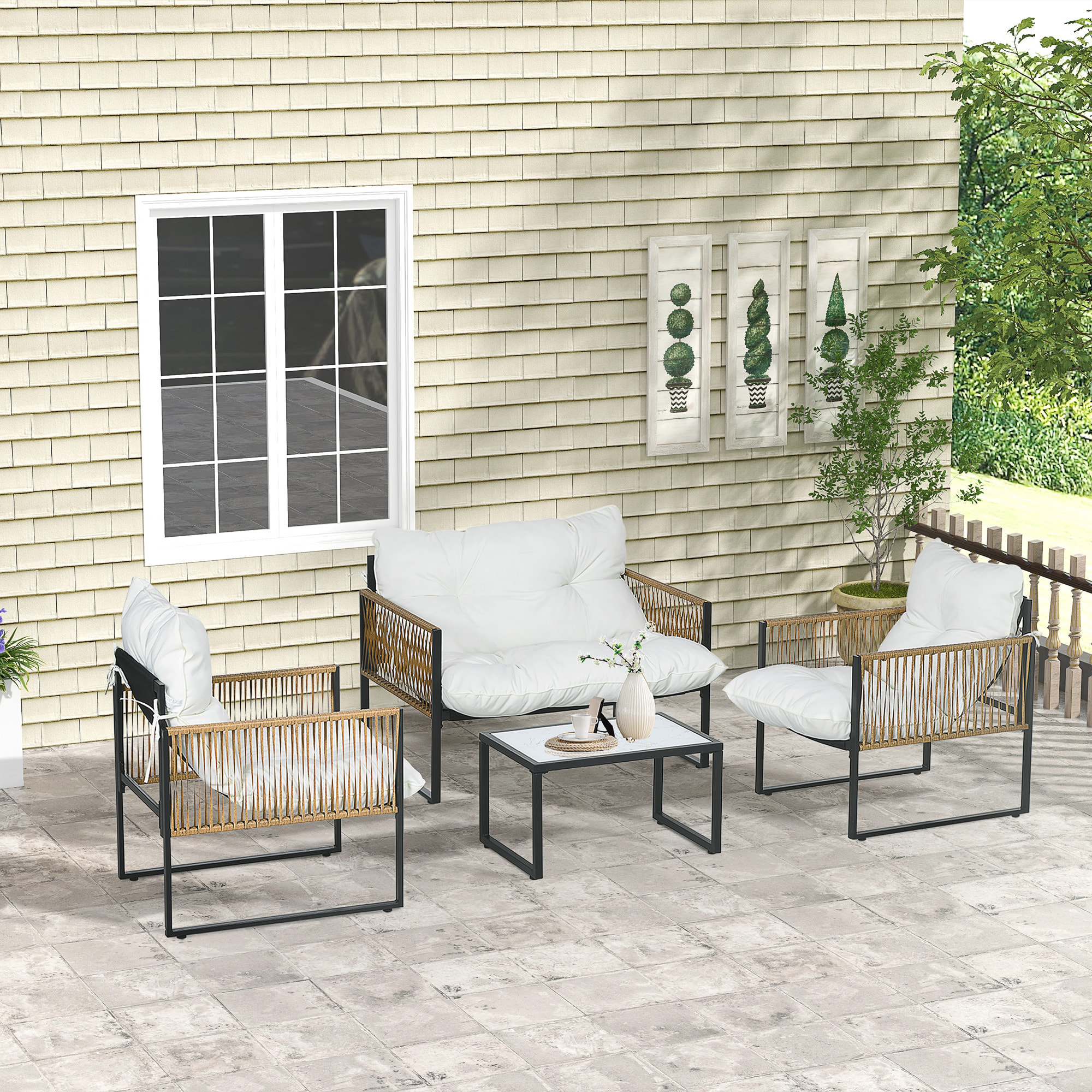 Ensemble salon de jardin  4 places 4 pièces 3 coussins acier résine crème