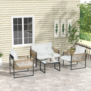 Ensemble salon de jardin  4 places 4 pièces 3 coussins acier résine crème