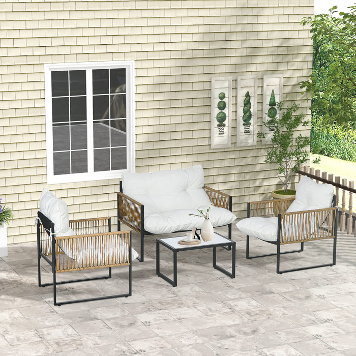 Ensemble salon de jardin  4 places 4 pièces 3 coussins acier résine crème