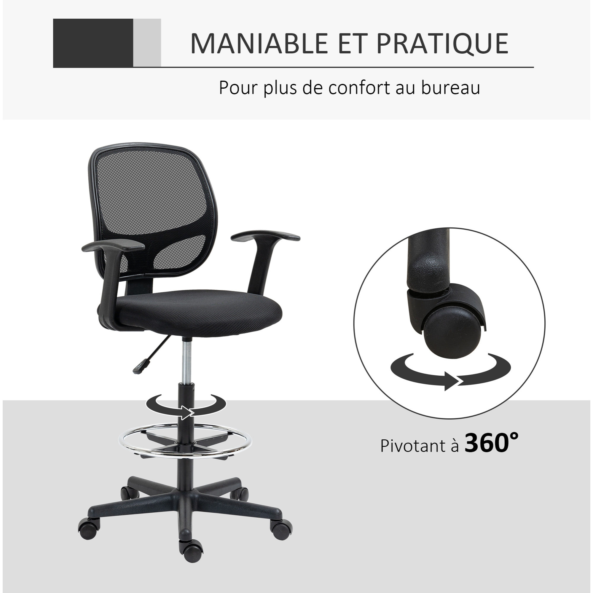 Chaise bureau ergonomique assise haute réglable 110-132cm pivotant 360° maille respirante noir