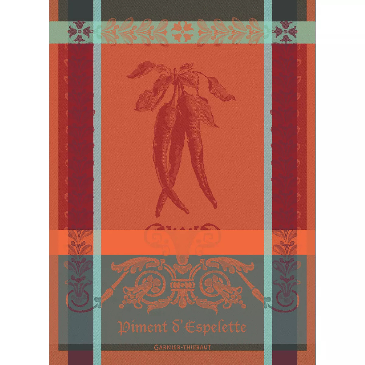 Torchon pur coton motif jacquard orange rouge Piment d'espelette epices