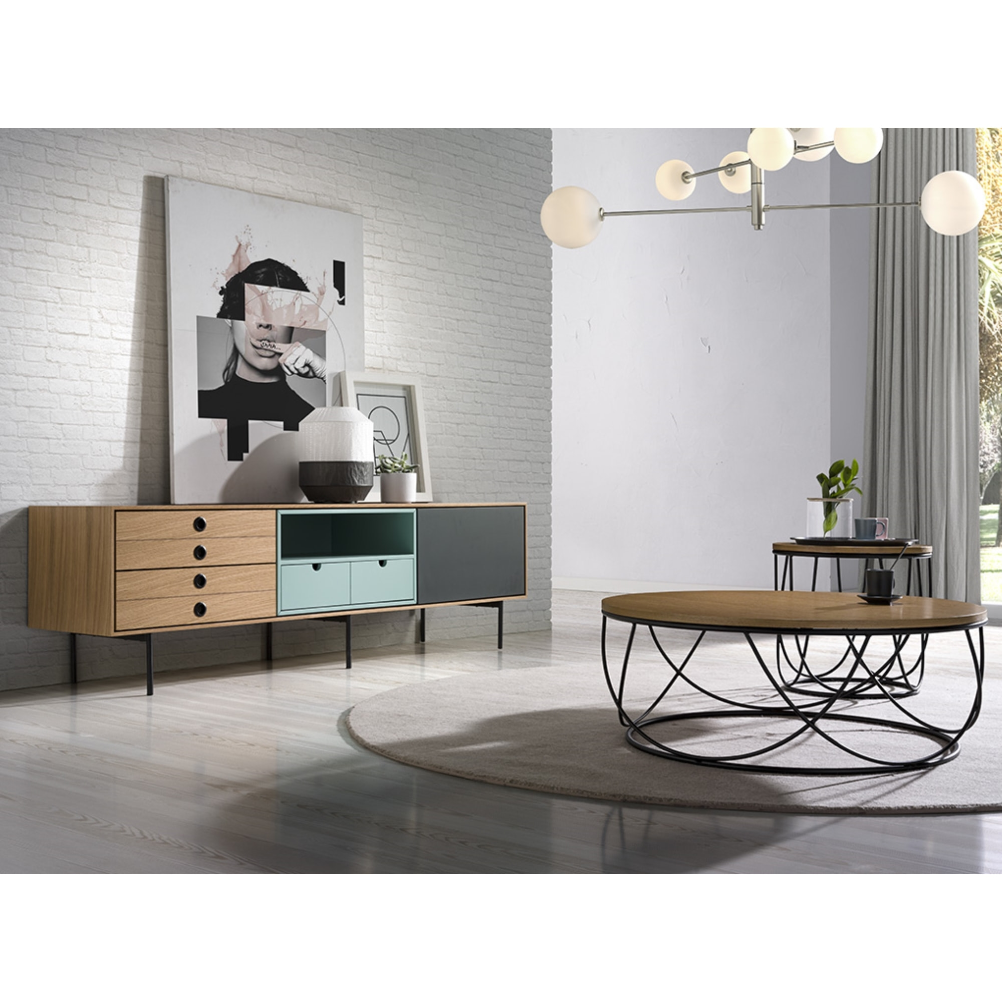 Mueble de TV – Gris, roble y turquesa
