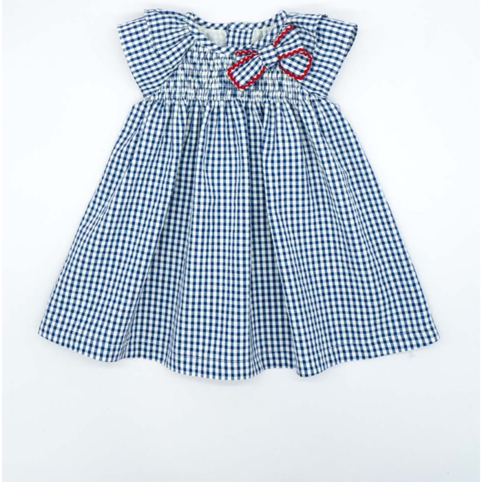 VESTIDO CON GOMAS Y VOLANTE CUADRO VICHY AZUL Y BLANCO