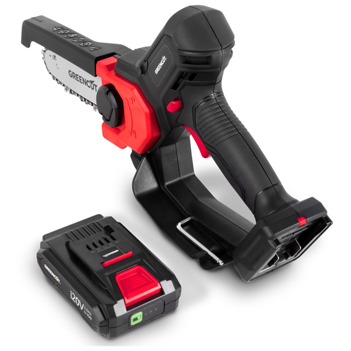 Motosierra de mano con batería de litio de 20V para poda con espada de 152mm, 6" - Greencut GSM200L