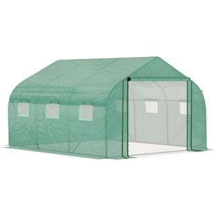 Serre tunnel de jardin grande taille dim. 3,47L x 3l x 2H m - 6 fenêtres et porte zippée enroulable - acier galvanisé PE haute densité vert