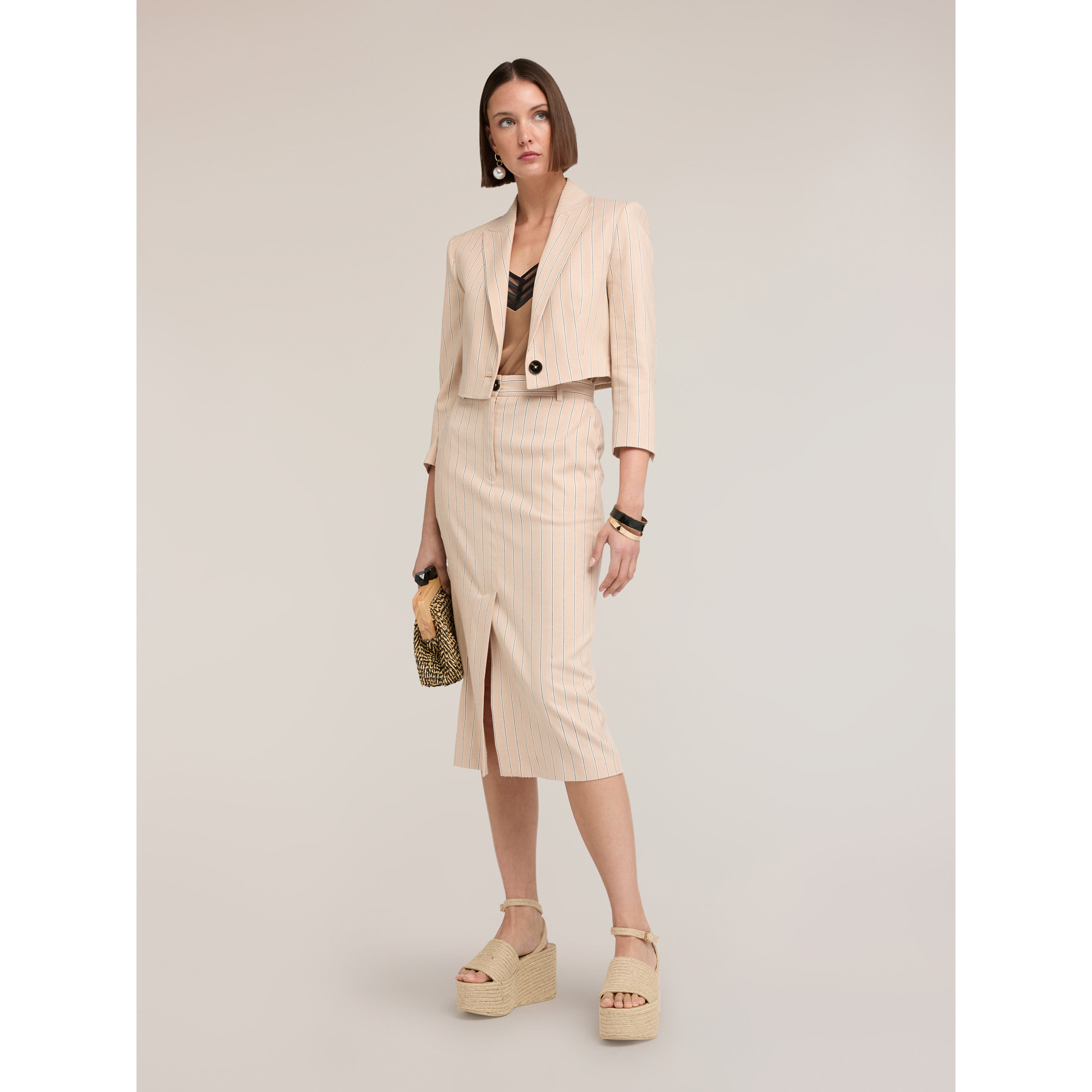 Motivi - Blazer spencer de mezcla de lino a rayas - Beige