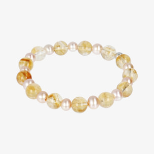 PERLAVIVA - Bracciale Elastico in Argento 925 con Quarzo Multicolore e Perle d'Acqua Dolce Rosa Ø 5.5/6.5 mm