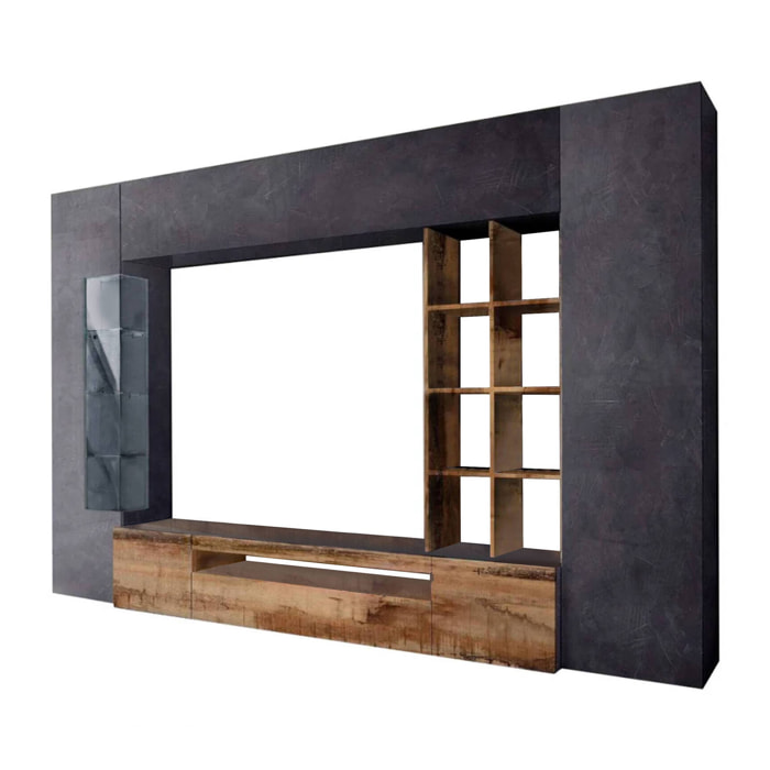 Parete attrezzata Andy, Set salotto porta TV, Mobile soggiorno multiuso con luce LED, 100% Made in Italy, cm 290x40h192, Ardesia e Acero