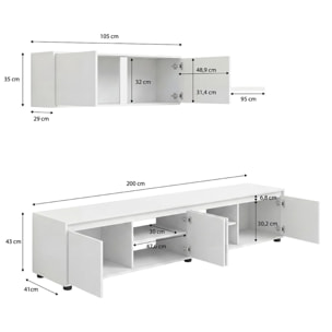Salón con mueble de TV y estantería en blanco artik 200 cm Arlet Blanco Artik (Blanco Mate)