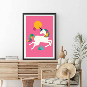Affiche  licorne rose Affiche + cadre en bois - Noir