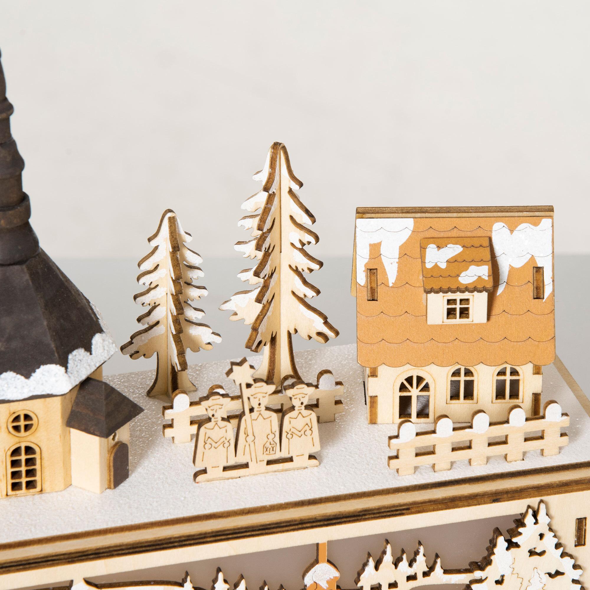 Homcom - Village de Noël lumineux avec église, maisons, personnages -  décoration lumineuse de Noël - 10 lumières LED blanc chaud - contreplaqué
