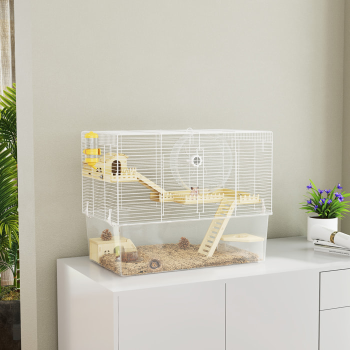 Cage à hamster à 3 niveaux avec roue d'exercice, plateau, 59 x 35,5 x 47 cm, blanc