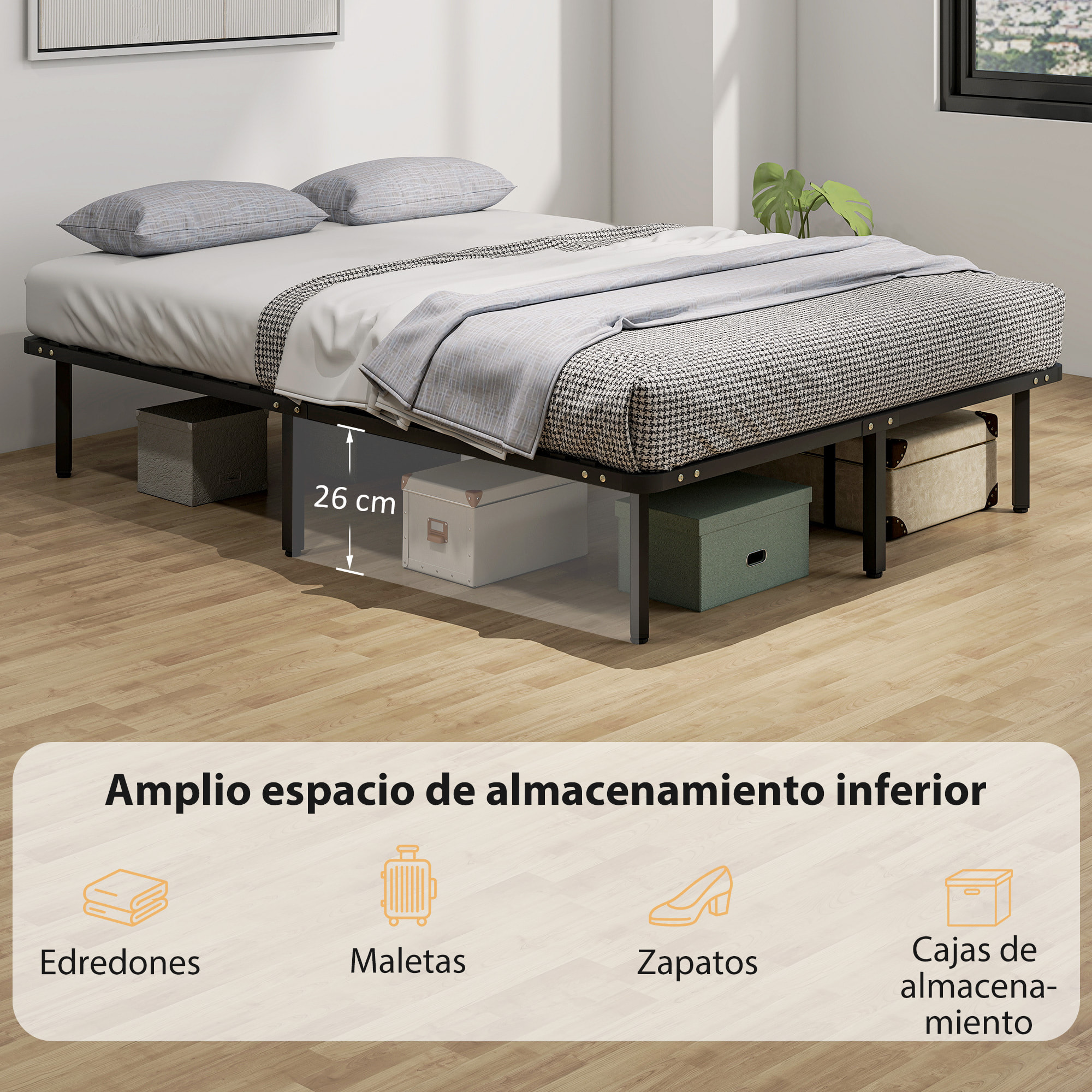 Somier 140x190 cm, Altura 26 cm, Estructura de Cama de Plataforma de Acero con Espacio de Almacenamiento Debajo y Láminas de Álamo, Fácil de Montar, Carga 350 kg, Negro