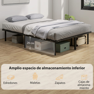 Somier 140x190 cm, Altura 26 cm, Estructura de Cama de Plataforma de Acero con Espacio de Almacenamiento Debajo y Láminas de Álamo, Fácil de Montar, Carga 350 kg, Negro