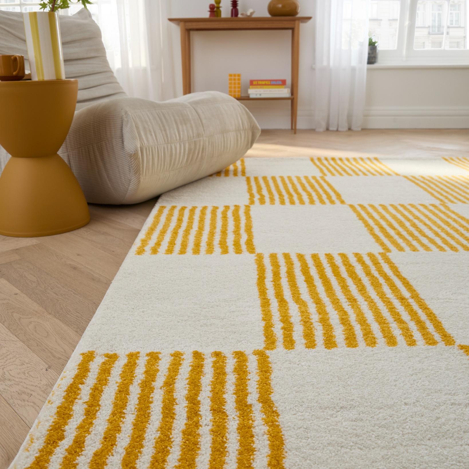 GROOVY - Tapis rétro coloré style seventies - Confortable et moelleux - Jaune