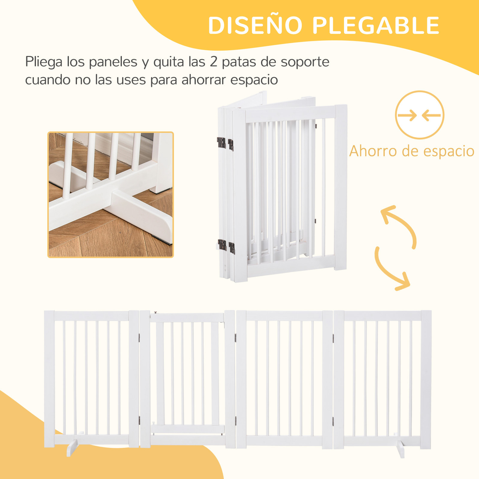 Barrera de Seguridad para Perros de Madera Plegable, para Escaleras y Puertas, Valla para Perros Pequeños y Medianos de 4 Paneles, con Soporte de Pie, para Interiores, 204x36x75 cm, Blanco