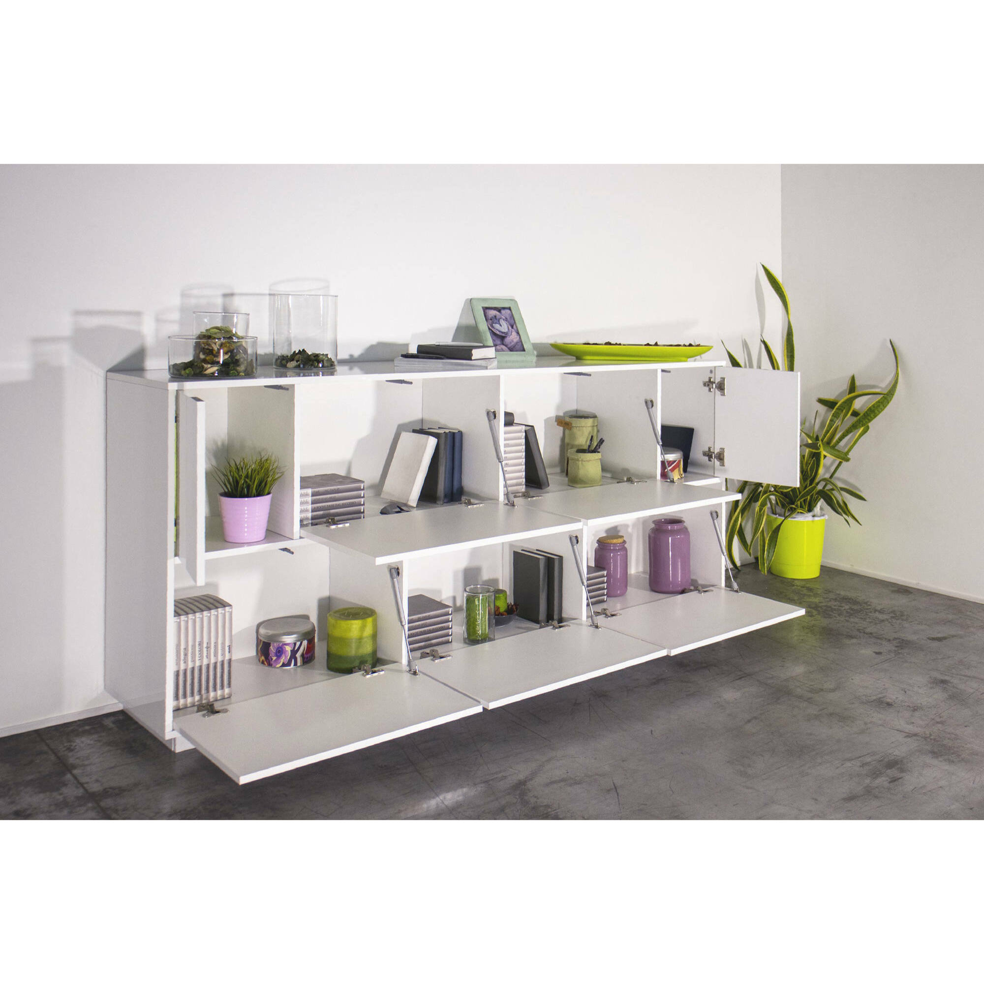 Credenza Virginio, Madia da cucina a 7 ante, Buffet da soggiorno, 100% Made in Italy, cm 200x41h86, Bianco lucido