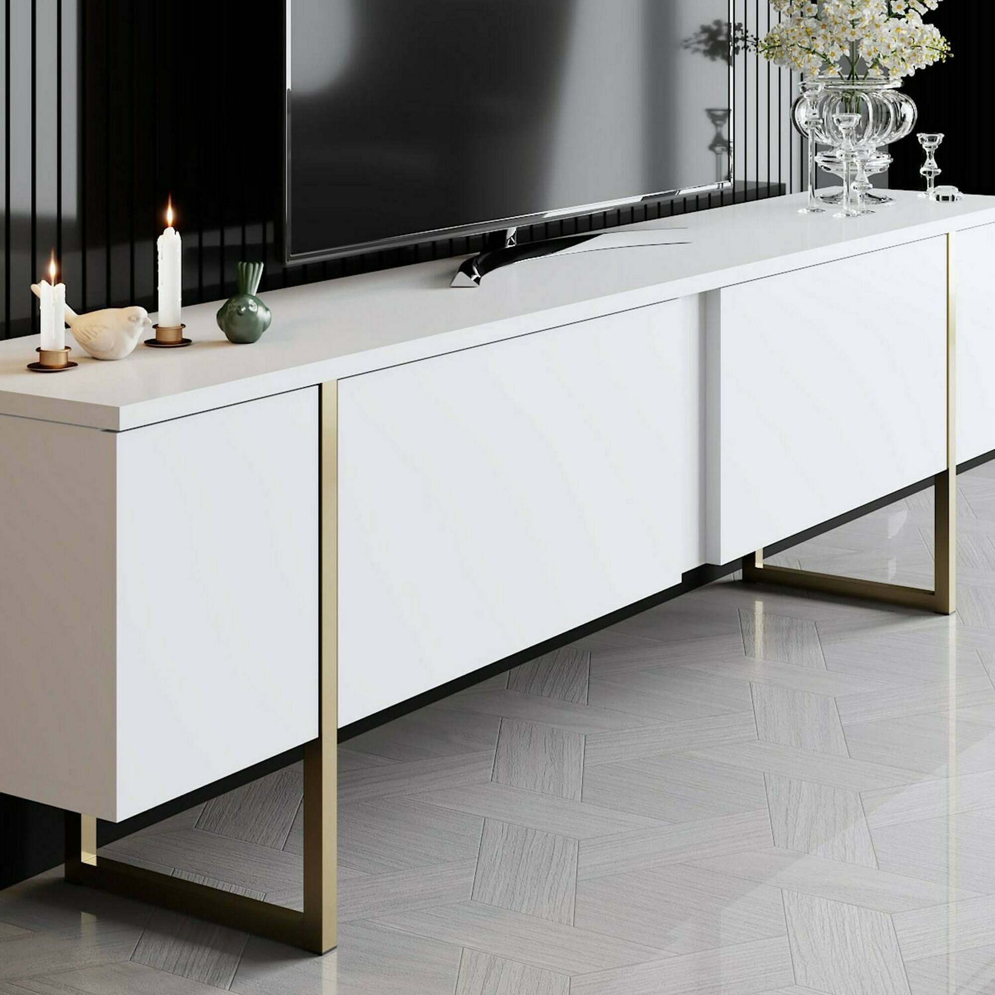 Mobile porta TV Dgridell, Credenza da soggiorno, Armadio basso per TV, Base parete attrezzata, 180x30h50 cm, Bianco e Oro