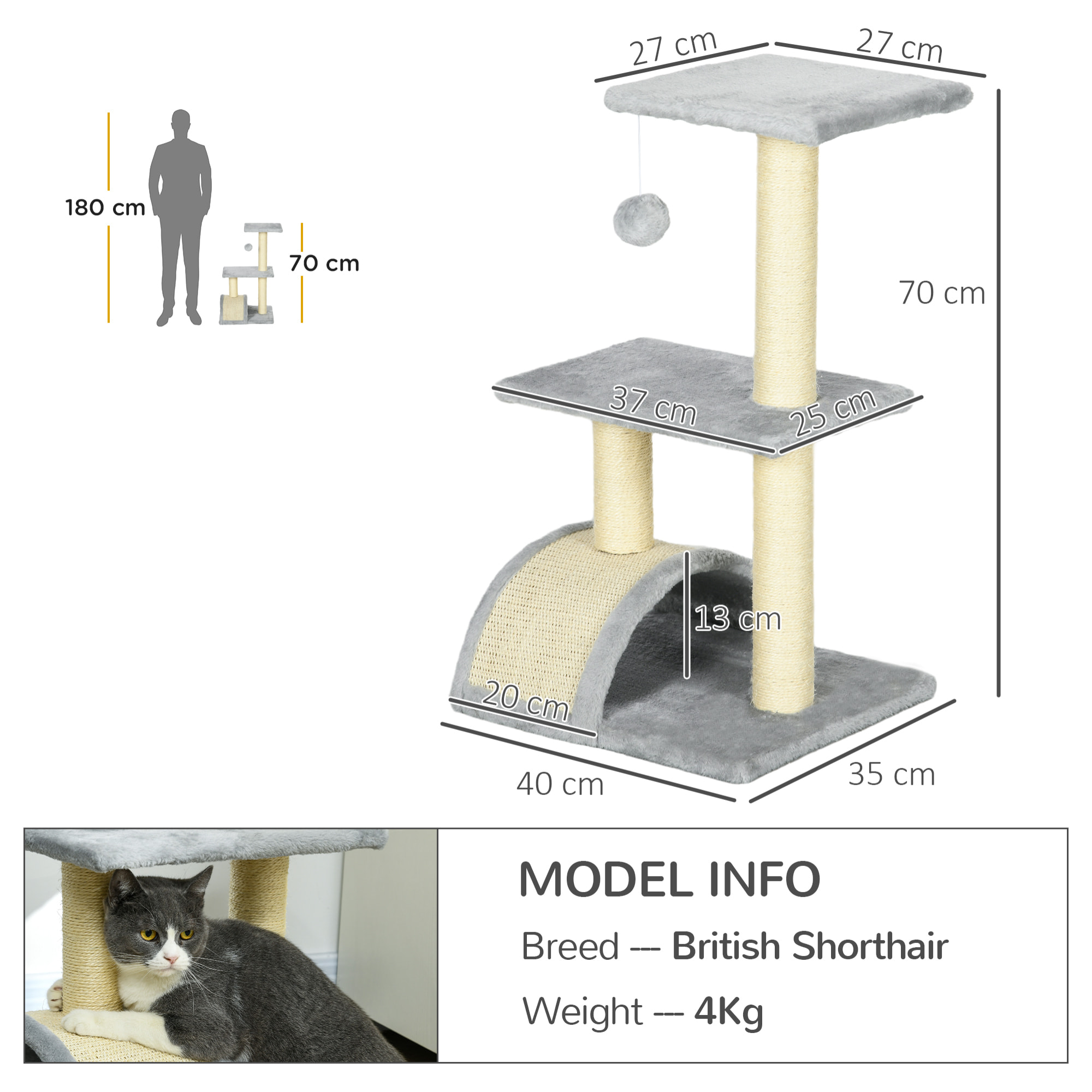 Árbol Rascador para Gatos Mediano, Árbol para Gatos de 3 Niveles con Alfombra Rascadora en Arco, 2 Plataformas, Postes de Sisal y Bola Colgante, Gris Claro