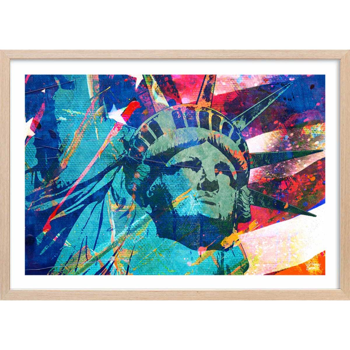 Affiche illustration graffiti statut de la liberté Affiche + cadre en bois - Chêne