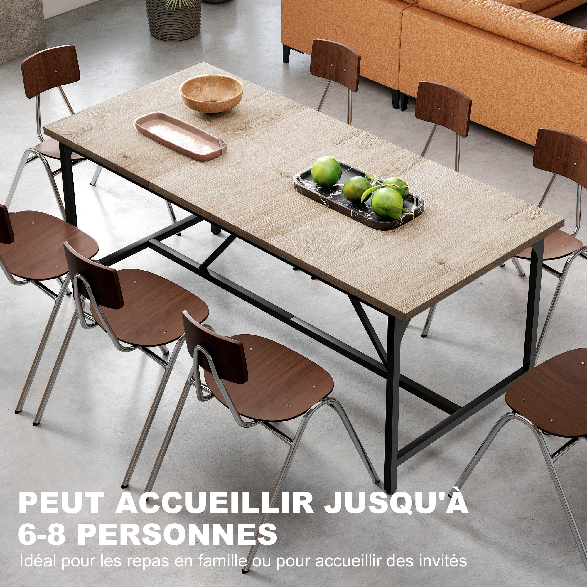 Table à manger style industriel 6-8 personnes dim. 180x80x75cm métal noir effet chêne clair
