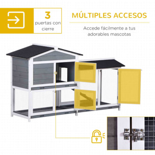 Conejera de Madera Exterior Jaula para Conejos de 2 Niveles con Techo Asfáltico 2 Corrales de Metal Bandeja Extraíble 2 Puertas y Rampa 157,4x53x93,5 cm Gris