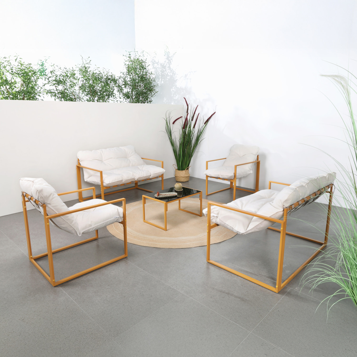 LANA Salon de jardin 6 places contemporain marron et coussins beiges