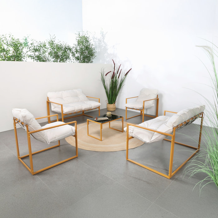 LANA Salon de jardin 6 places contemporain marron et coussins beiges