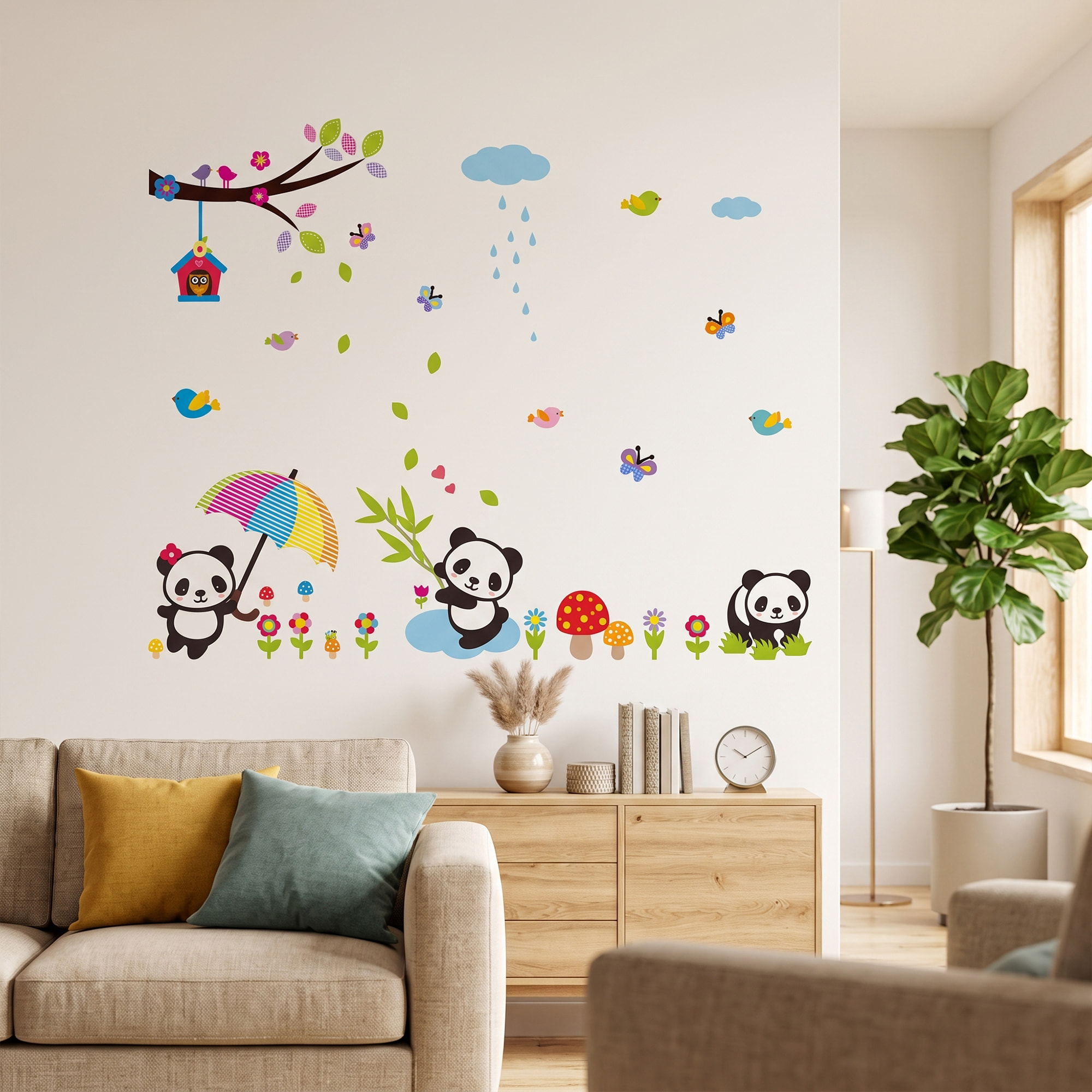 Stickers Muraux décoration adhésifs bébés pandas jouant sous la pluie
