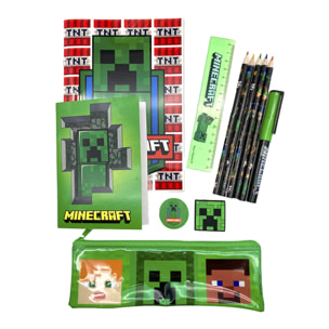 Minecraft Set de Papelería. Libreta A5, libreta, estuche, lápices de color, boligrafo, goma, sacapuntas y regla.