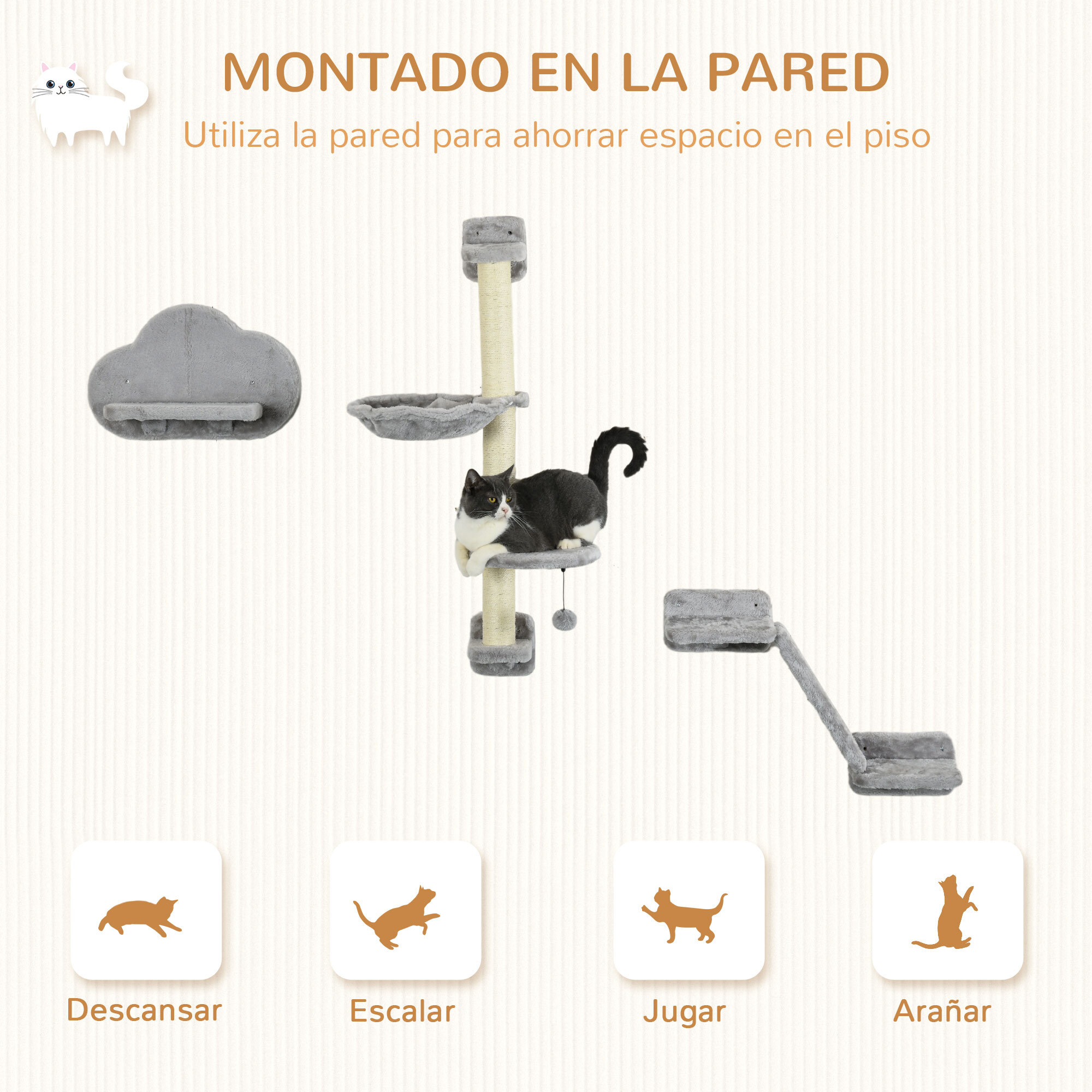 Juego de Pared de Escalada para Gatos de 3 Piezas, Estanterías de Pared para Gatos con Hamaca, Rampa con Rascador, Plataforma en Forma de Nube para Saltar, Gris