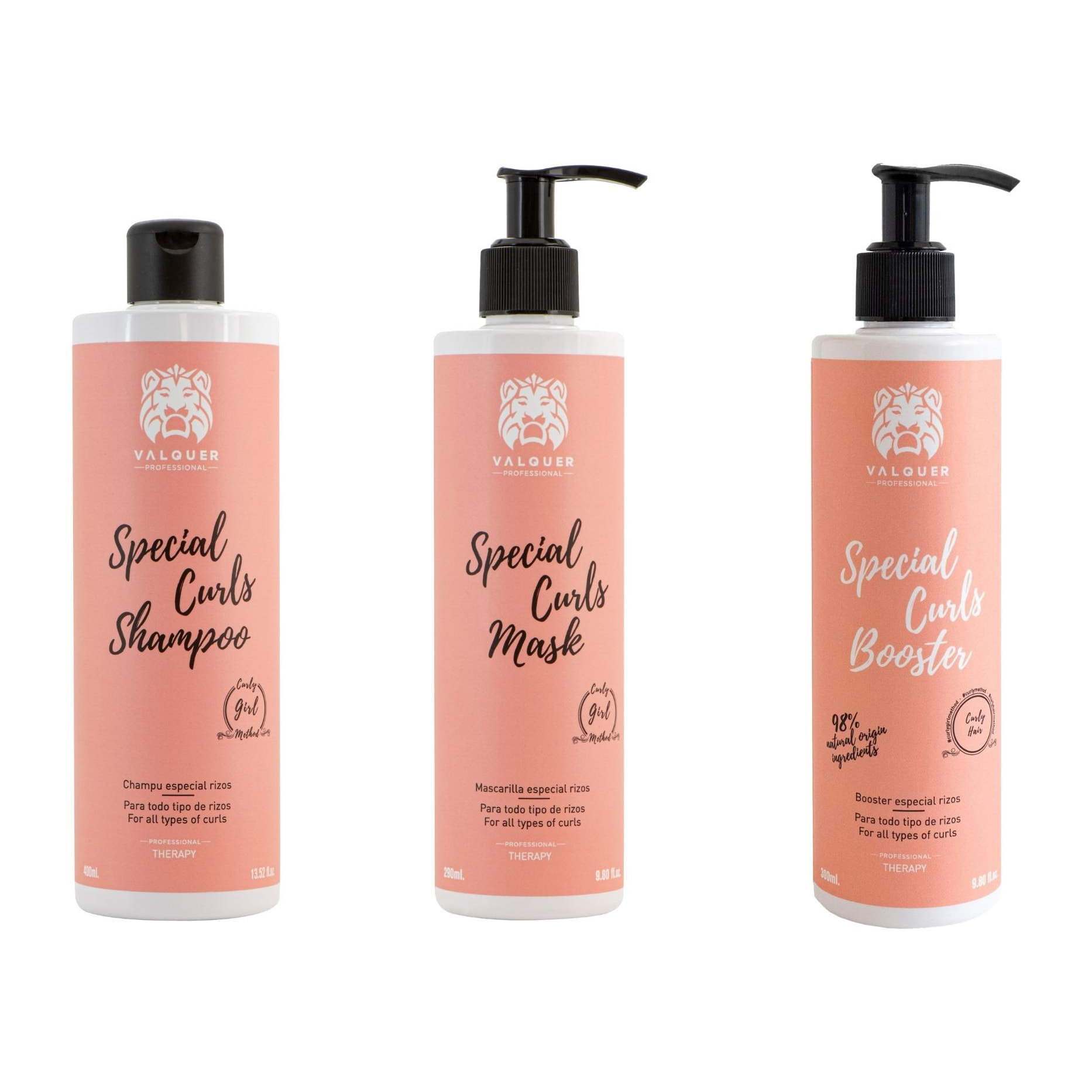 Valquer Pack curly Champú, mascarilla y booster para cabellos rizados - 400 ml + 290 ml + 300 ml